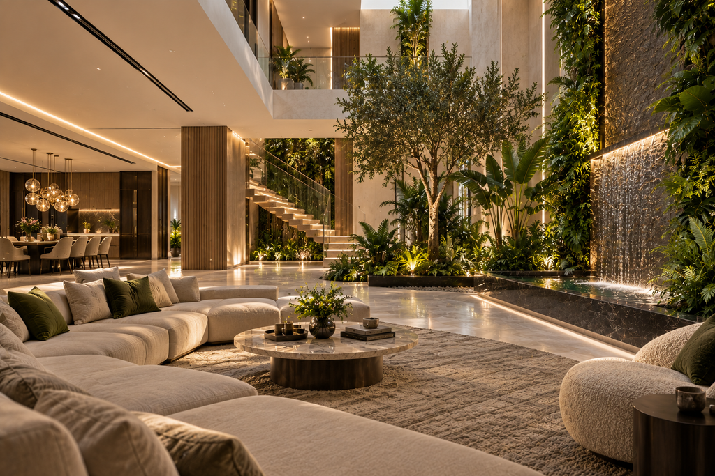 Luxury Dubai villa with indoor garden and waterfall