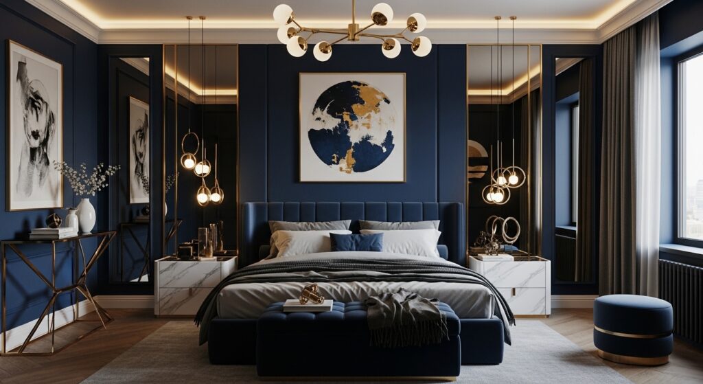 Navy Blue and Gold Bedroom